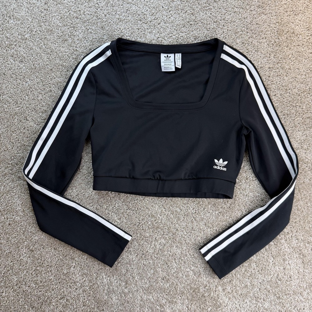 Adidas Shirt Womens Large Black Primeblue 3-Stripes Long Sleeve Crop Top